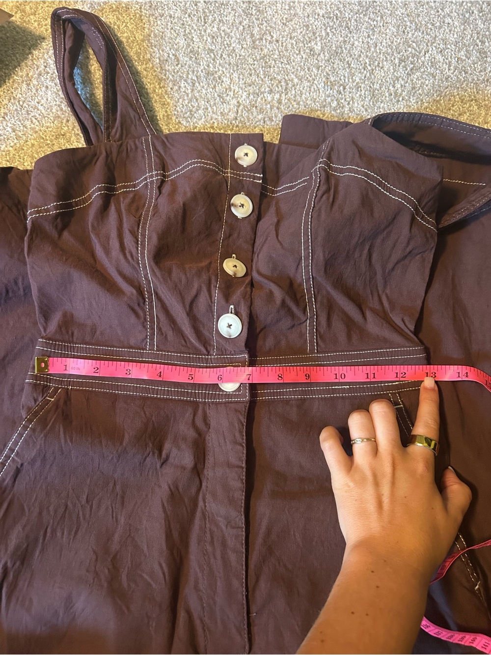 Maeve Anthropologie Colette Jumpsuit Brown Contrast Stitch Wide Leg Button ‎ 4 - Picture 8 of 9
